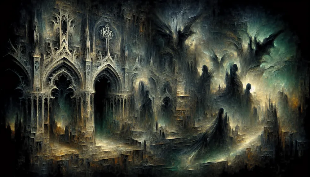 dark art painting in a gothic style with evocative and mysterious elements
