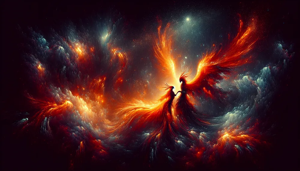 An abstract representation of a dark romance between two phoenixes amidst a mystical setting