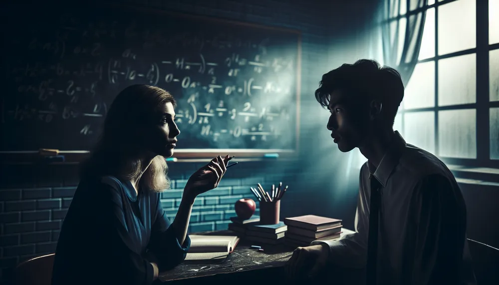 An enigmatic and dark romantic scene between a teacher and their favored student in a twilight-lit classroom, capturing emotional depth and a mysterious atmosphere.