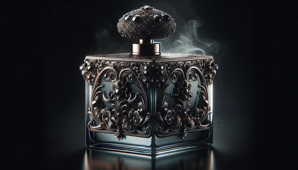 dark romance perfume bottle with enigmatic and luxurious vibes