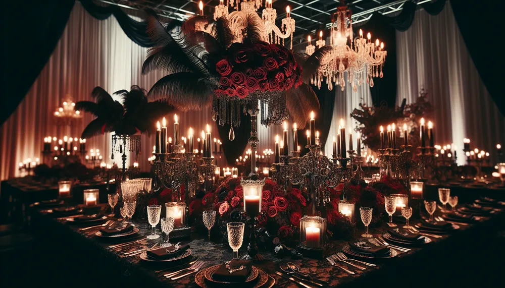 dark romance decor wedding theme with gothic elements, atmospheric lighting, and an elegant, mysterious ambiance