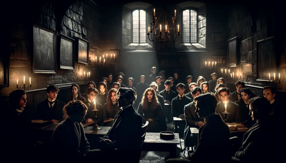 Dark romantic image of a mysterious professor teaching a compelling lesson in a candle-lit, vintage classroom setting, with shadows and suspenseful atmosphere