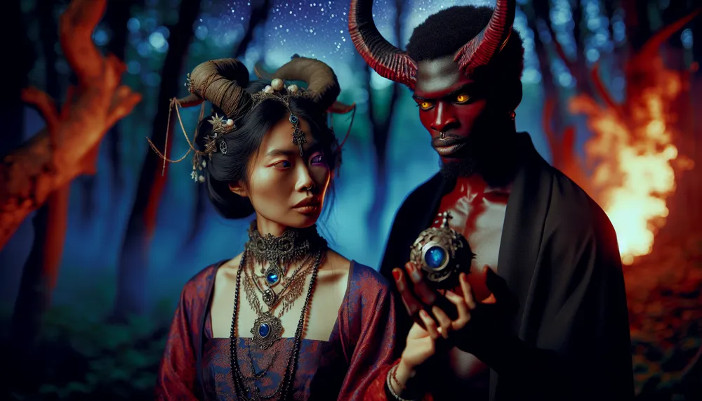 An atmospheric illustration of a witch and a demon lord, embodying a dark romance theme.