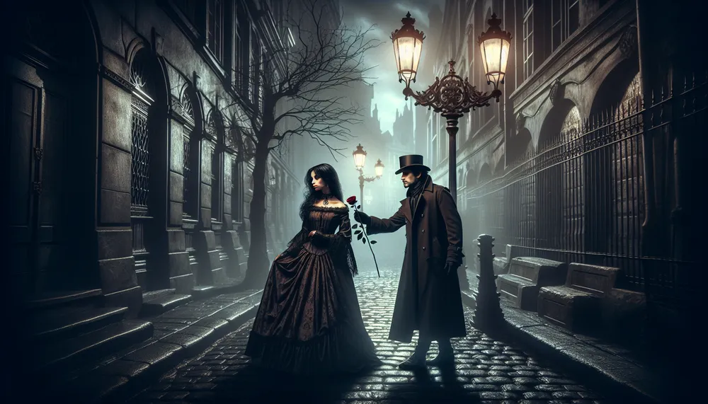A dark and mysterious romantic scene, conveying a sense of twisted love.