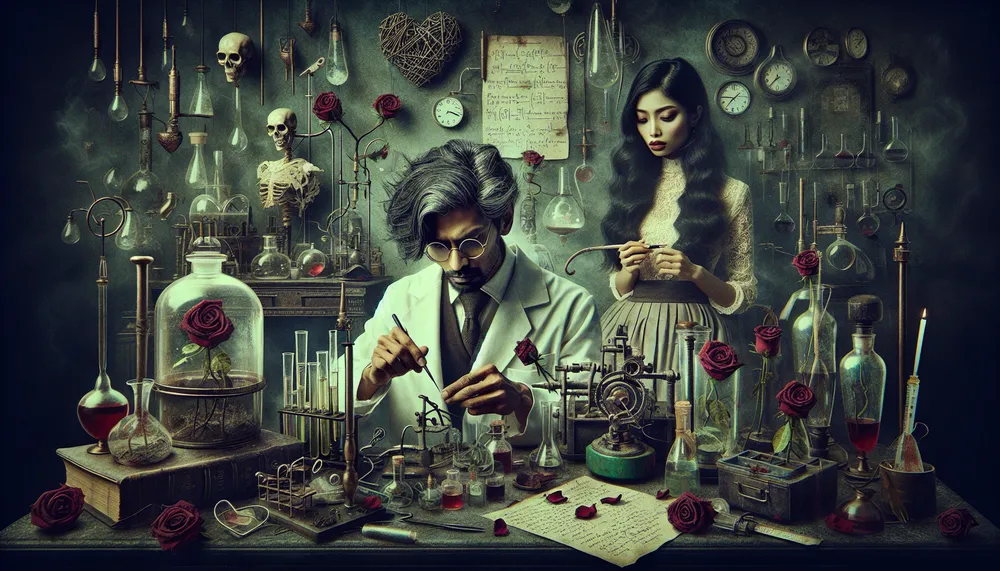 dark romance symbolic illustration for a mad scientist themed poem