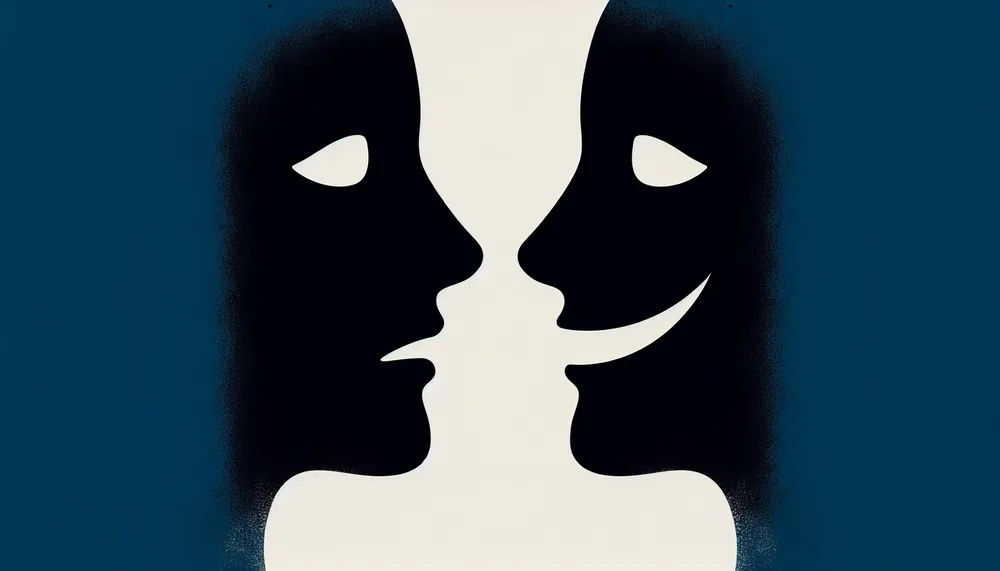 Abstract illustration of two silhouettes facing apart with hollow eyes and a single, fake smile connecting them, evoking a sense of dark romance and mysterious love. Moody and gothic color palette.