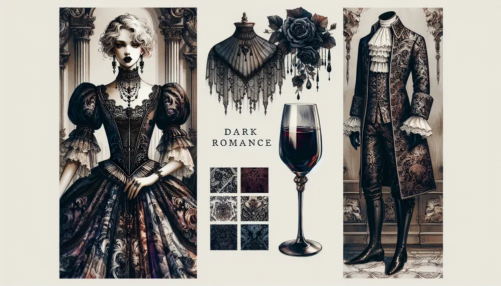 Thematic image of dark romance trends with a focus on baroque pattern fashion