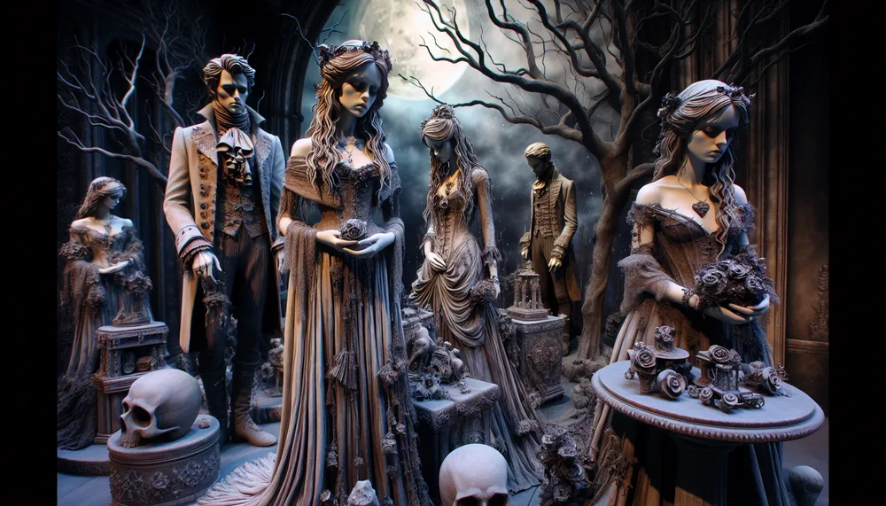lovelorn statues embodying dark romance fashion style in an enchanting and mysterious setting