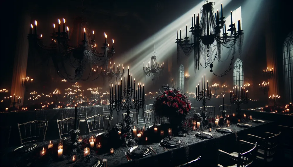 Dark romance wedding theme with gothic elements, mysterious ambiance, and elegant decor