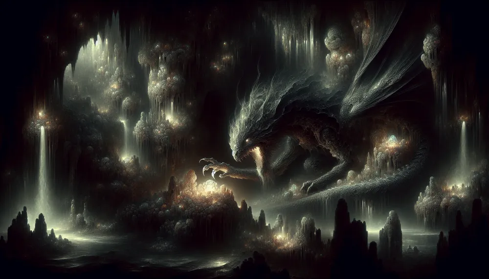 A mystic dragon guarding a treasure in a dark, cavernous lair, with elements of dark romance and fantasy in the artwork.