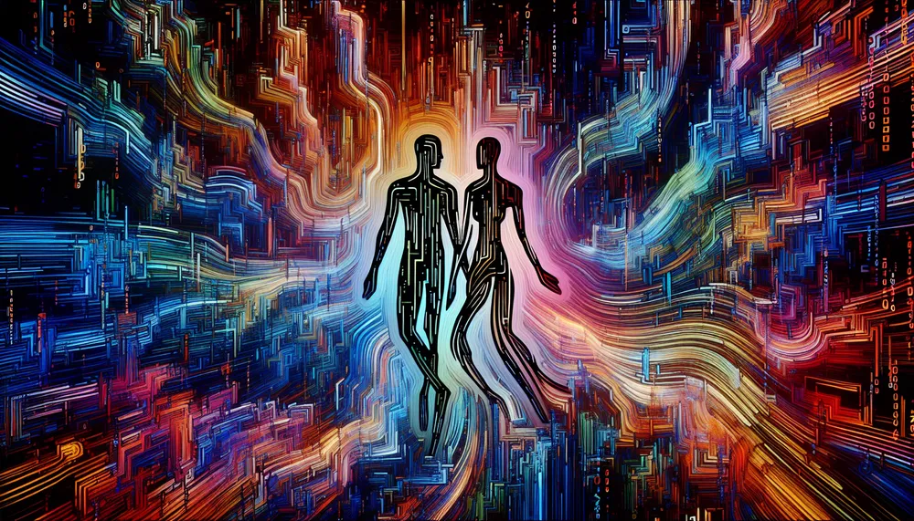 an abstract representation of two silhouettes surrounded by digital code, symbolizing a hackers game with elements of romance