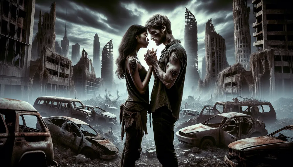 A dramatic and evocative illustration of a zombie and a survivor embracing in a post-apocalyptic world, representing dark romance and forbidden passion.