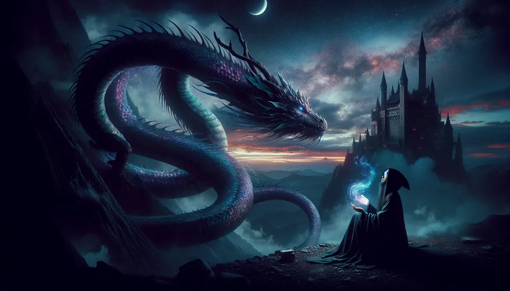 Fantasy landscape with a dragon and a mysterious figure entwined in a dark romance
