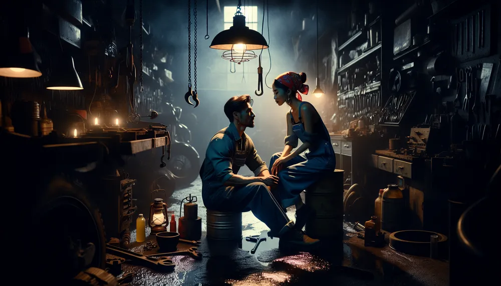 dark romantic scene in a mechanic workshop