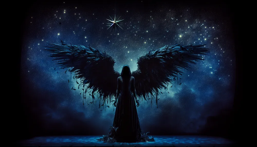 An artistic representation of a dark angel under the night sky, with a fallen star and a cursed aura.