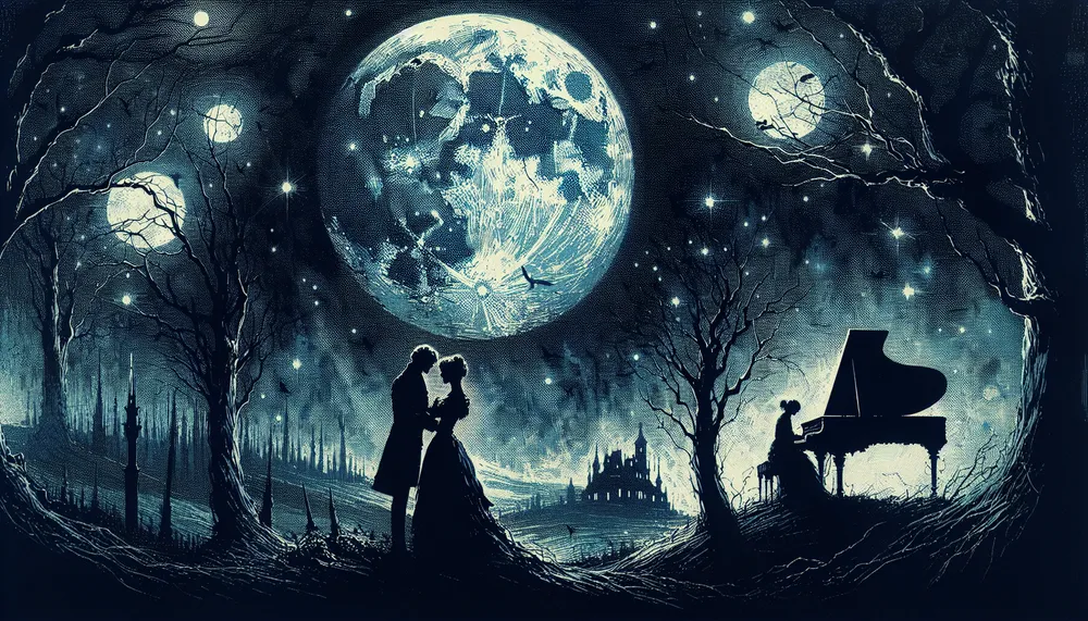 Ethereal Romantic Ballads, depicting scenes of dark romance and passion, suitable for a music article, high resolution