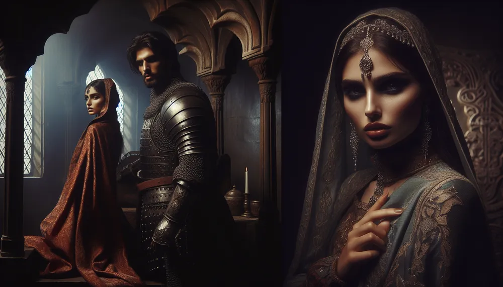 An artistic representation of a captive queen and a warlord in a dark romance setting