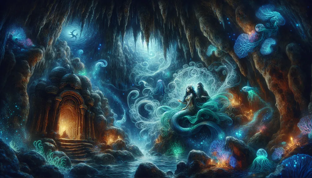 A mermaid held captive in a dark, enchanted sea grotto, with an eerie and romantic atmosphere