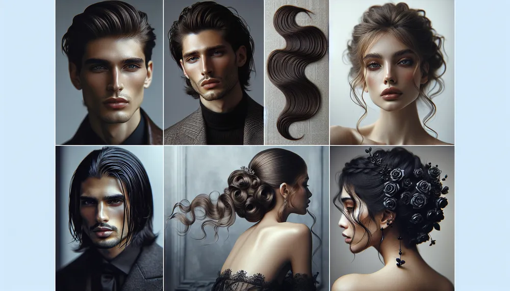 An illustration of dark romance hairstyles, showcasing fine hair with intricate waves and gothic-inspired accessories.