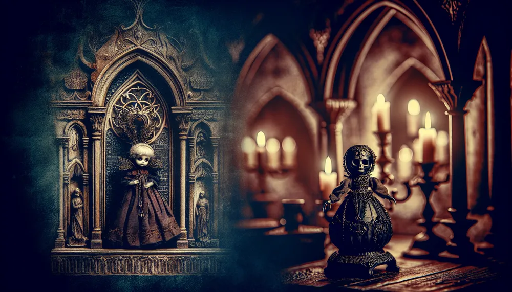 dark romantic poem, an enchanted possessed doll in midnight tones, against a vintage gothic setting