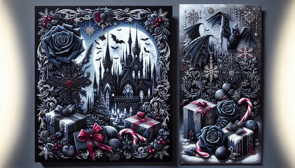 dark romance christmas card with gothic elements and holiday motifs
