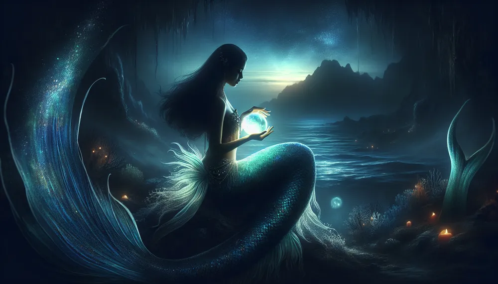 dark and mysterious underwater scene depicting a mermaid clutching a luminous pearl with a hint of romance