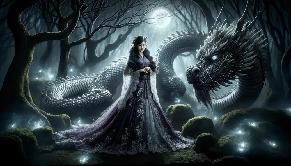 A gothic fantasy scene representing a dark romance between a princess and a dragon, emphasizing mysterious and forbidden love elements