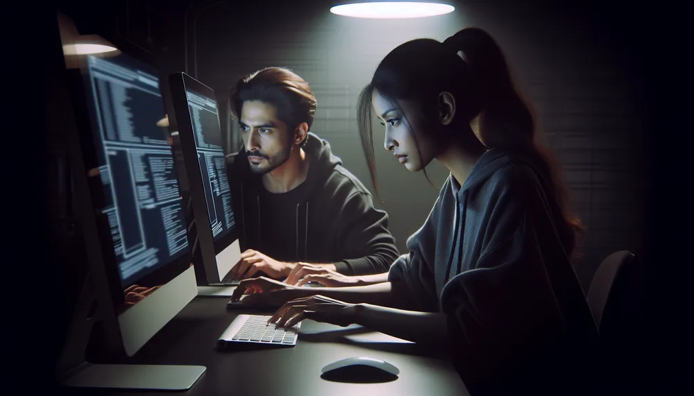 dark romantic scene with two hackers in front of computers