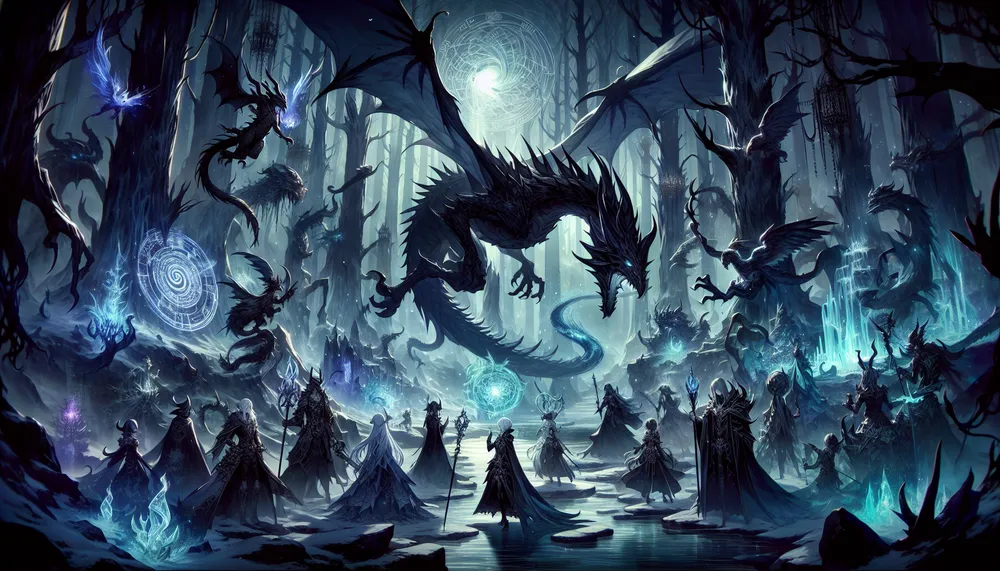 dark fantasy anime scenes with mythical creatures and magic
