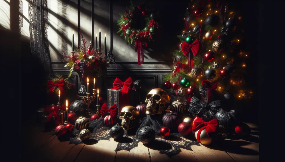 Dark Romance Christmas, an ambiance combining gothic and festive elements, with moody lighting and seasonal decorations