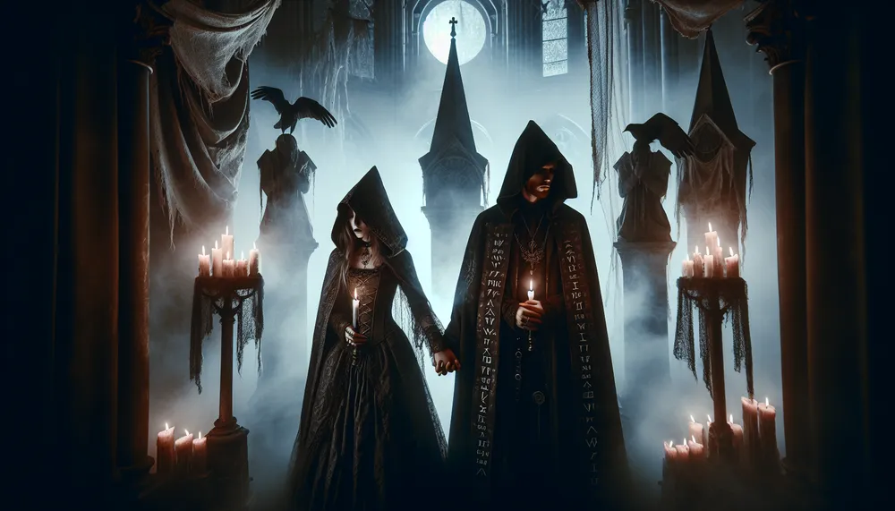a dark romance scene depicting vows of death in an eerie, gothic atmosphere