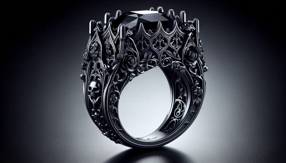 Gothic engagement ring with intricate designs and dark romantic aesthetics