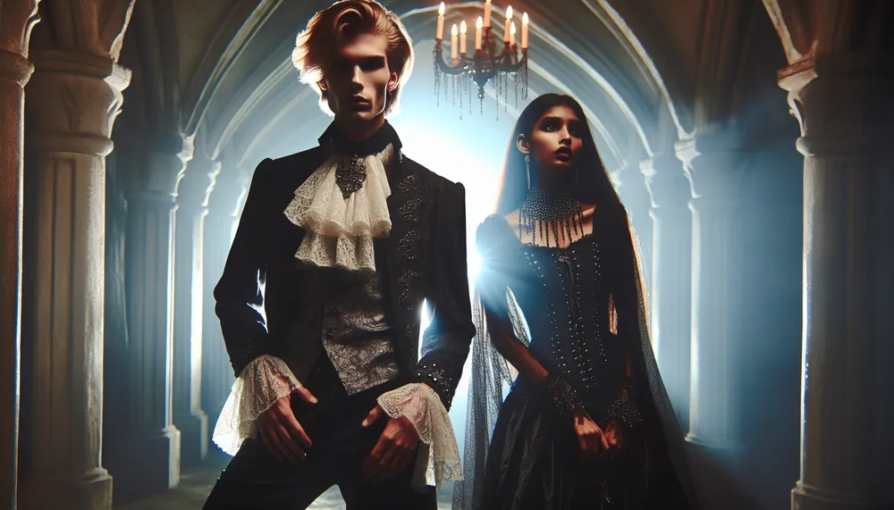 A gothic romance scene featuring a fashion model and an obsessed fan, dark and atmospheric