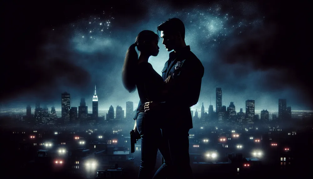 A silhouette of a cop and a criminal in a mysterious embrace, with a dark and romantic cityscape background.