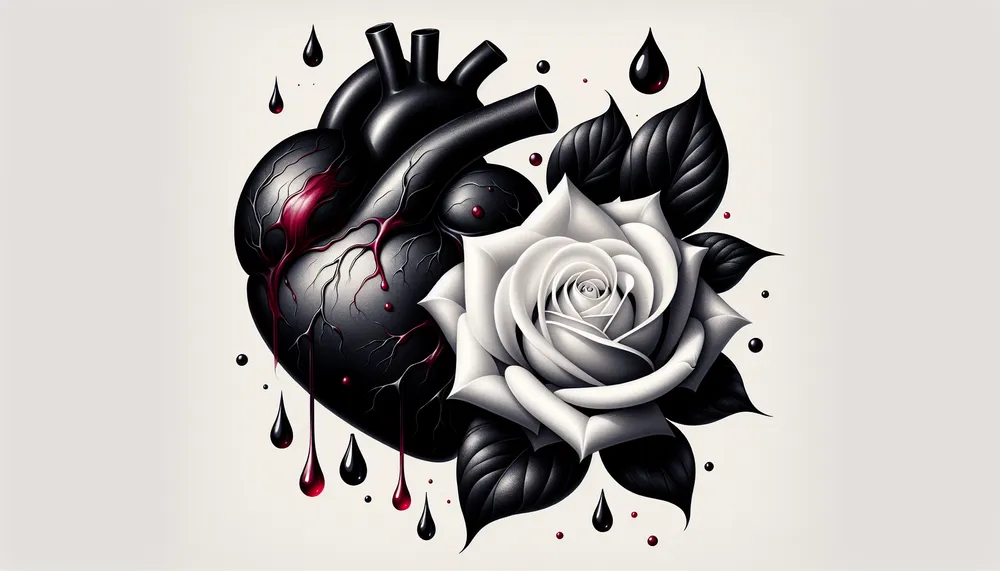 An artistic representation of a black heart, red tears and a white rose symbolizing dark romance and forbidden passion.