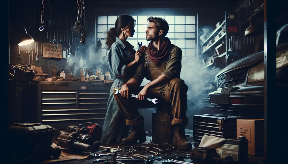 A dark and enigmatic book cover image, illustrating the romance between a mechanic and their love interest in a dimly lit garage, surrounded by elements of mystery and deep emotional layers.