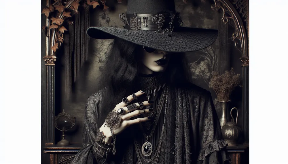 Dark romance fashion with statement accessories, mysterious and stylish