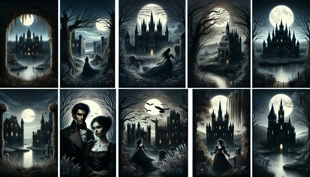 Gothic Romance Fiction book covers, dark and mysterious atmosphere