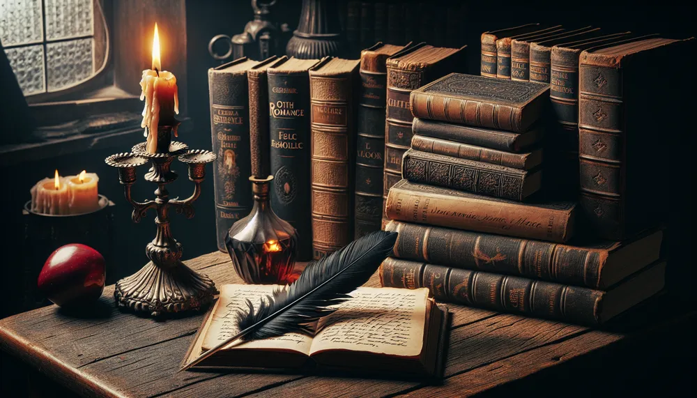gothic romance novels on a vintage wooden desk with a candlestick and a feather quill