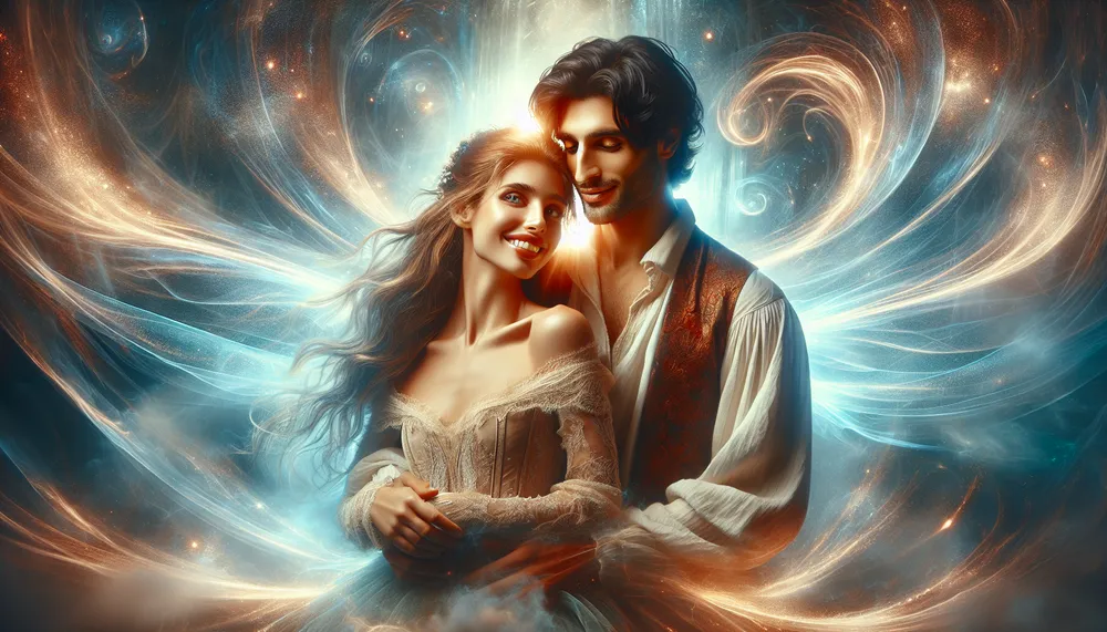Mystical love, an enchanted couple embracing in a supernatural setting for a romance novel cover