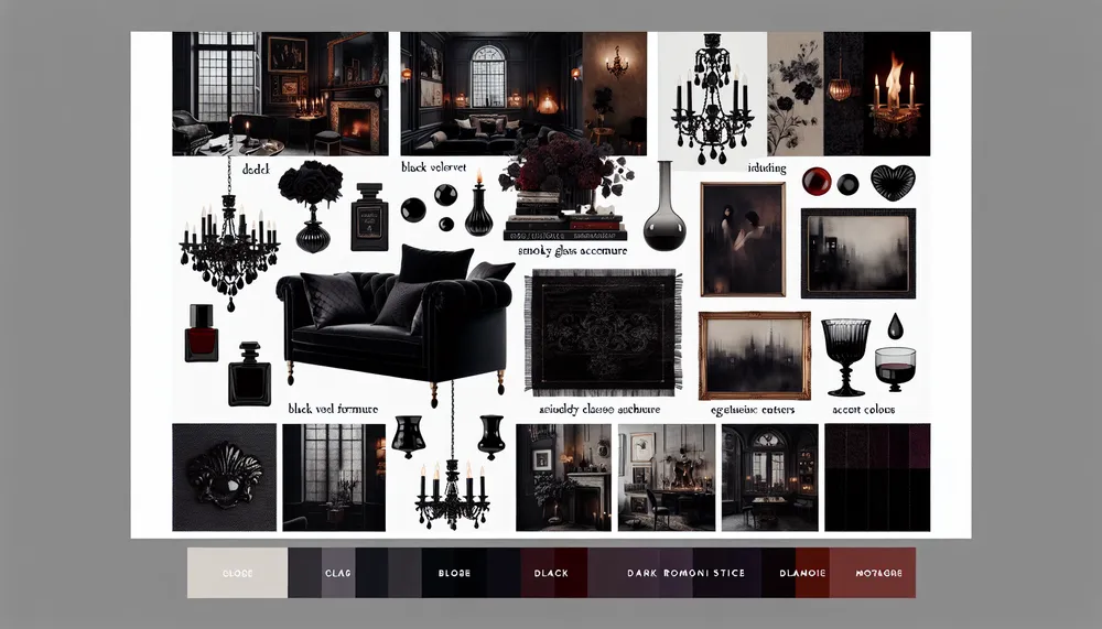 Noir-inspired home decor mood board with a dark romantic aesthetic