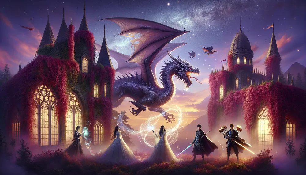 romantic fantasy world with dragons and mystical characters