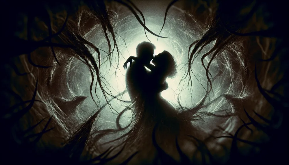 Shadowy figures entwined in a passionate embrace, with elements evoking suspense and hidden danger