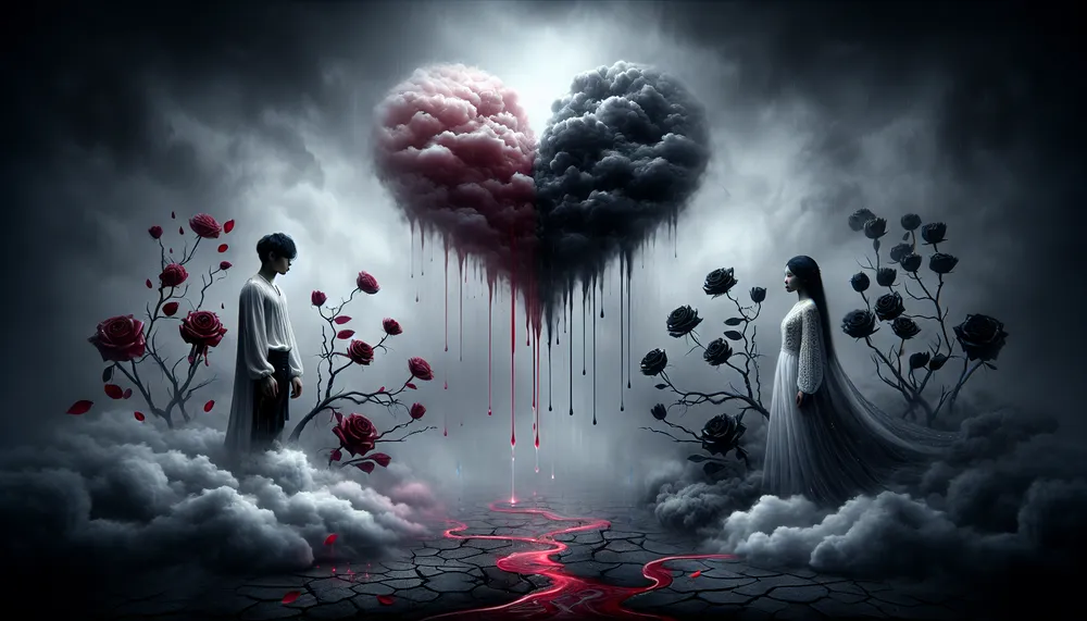 Surreal love imagery in dark romance theme
